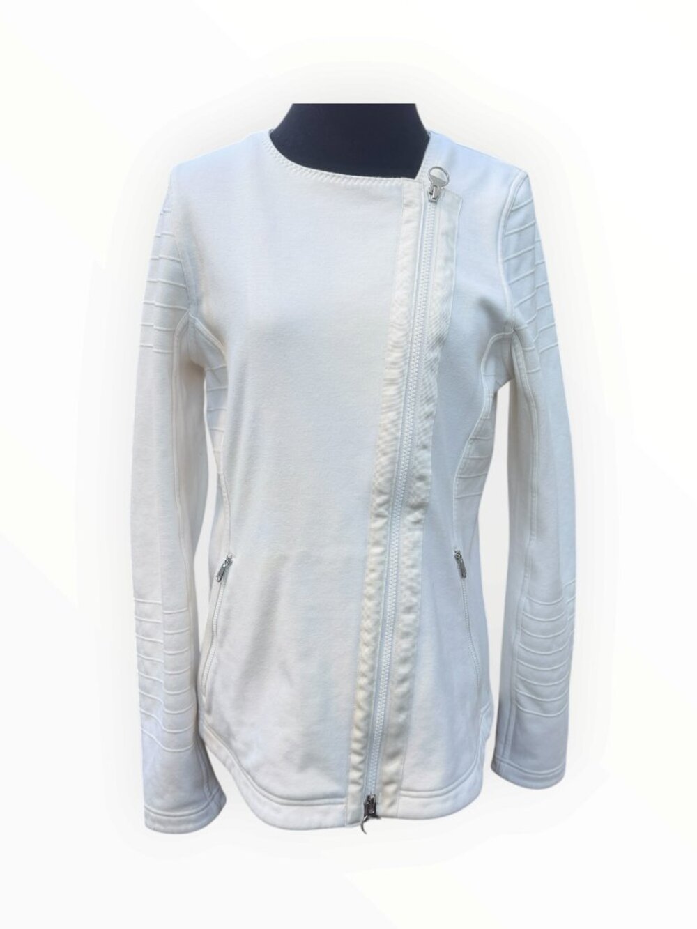 Athleta Women’s Moto Zip Jacket Sz M Cream Asymmetric Ribbed Sleeves